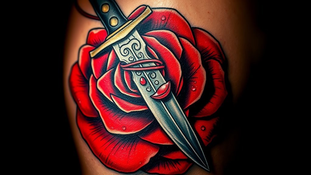 Read more about the article Dagger and Rose Tattoo Meaning and Symbolism